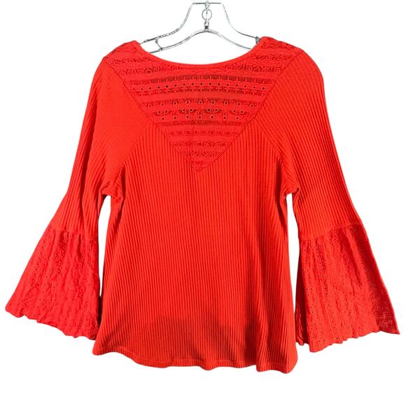 Free People Parisian Nights Top XS Red Orange Ribbed Eyelet Bell Sleeve Bohemian - Picture 5 of 14